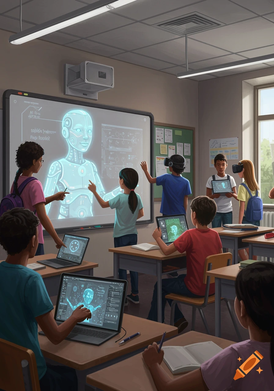 Students in a classroom learning about AI from a smartboard display of ...