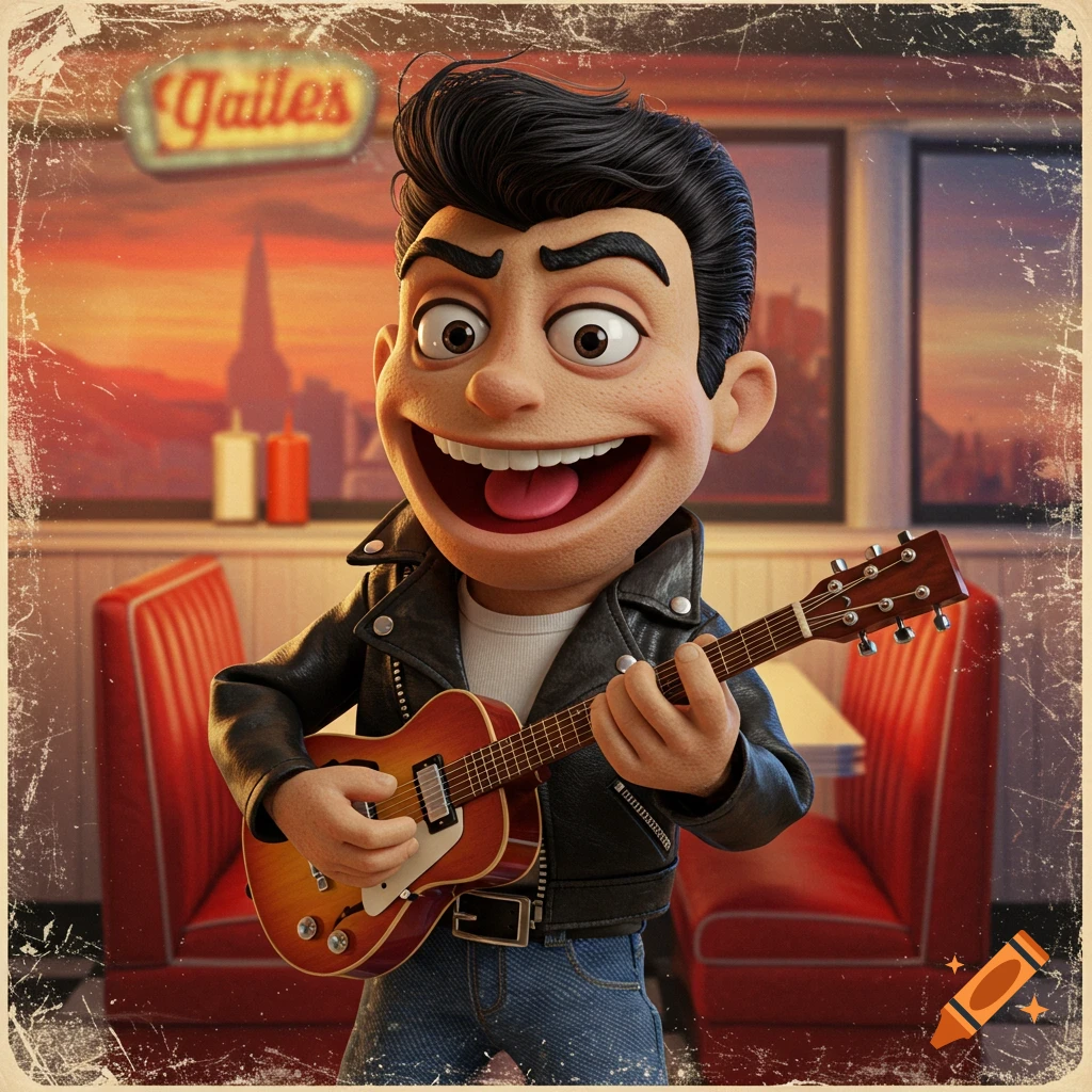 Cartoon greaser puppet plays guitar in a vintage diner.