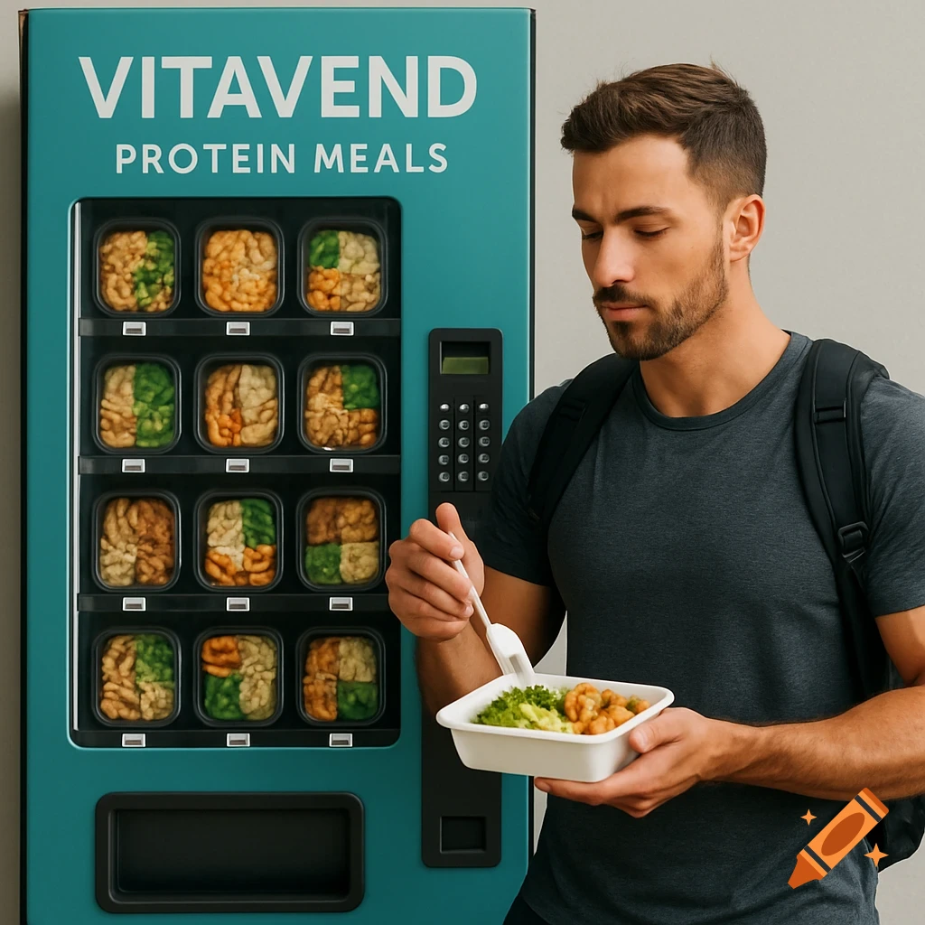 A man eats a protein meal from a Vitavend vending machine.