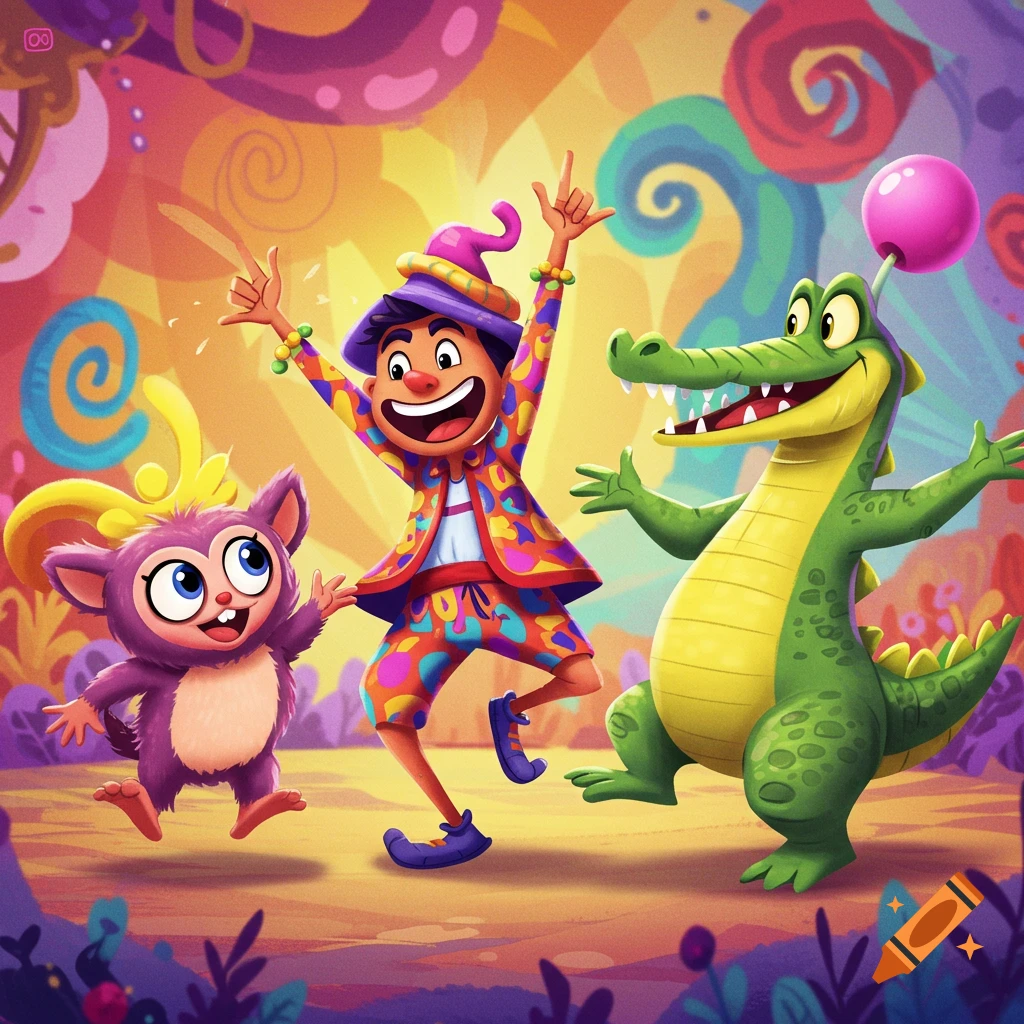 Three cartoon characters, a boy, a monkey, and a crocodile, dance enthusiastically in a vibrant, whimsical landscape.
