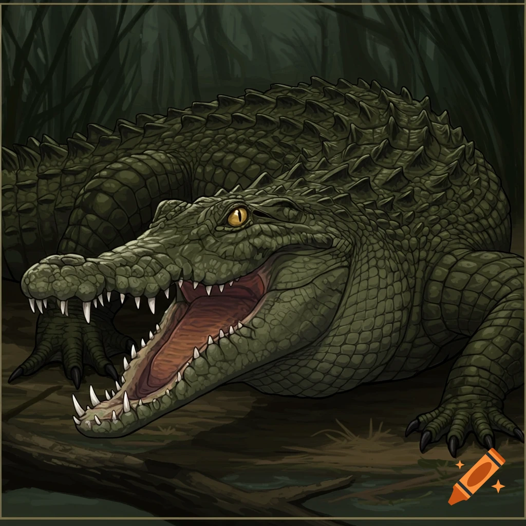 Illustration of a green crocodile with mouth open in a dark swamp.
