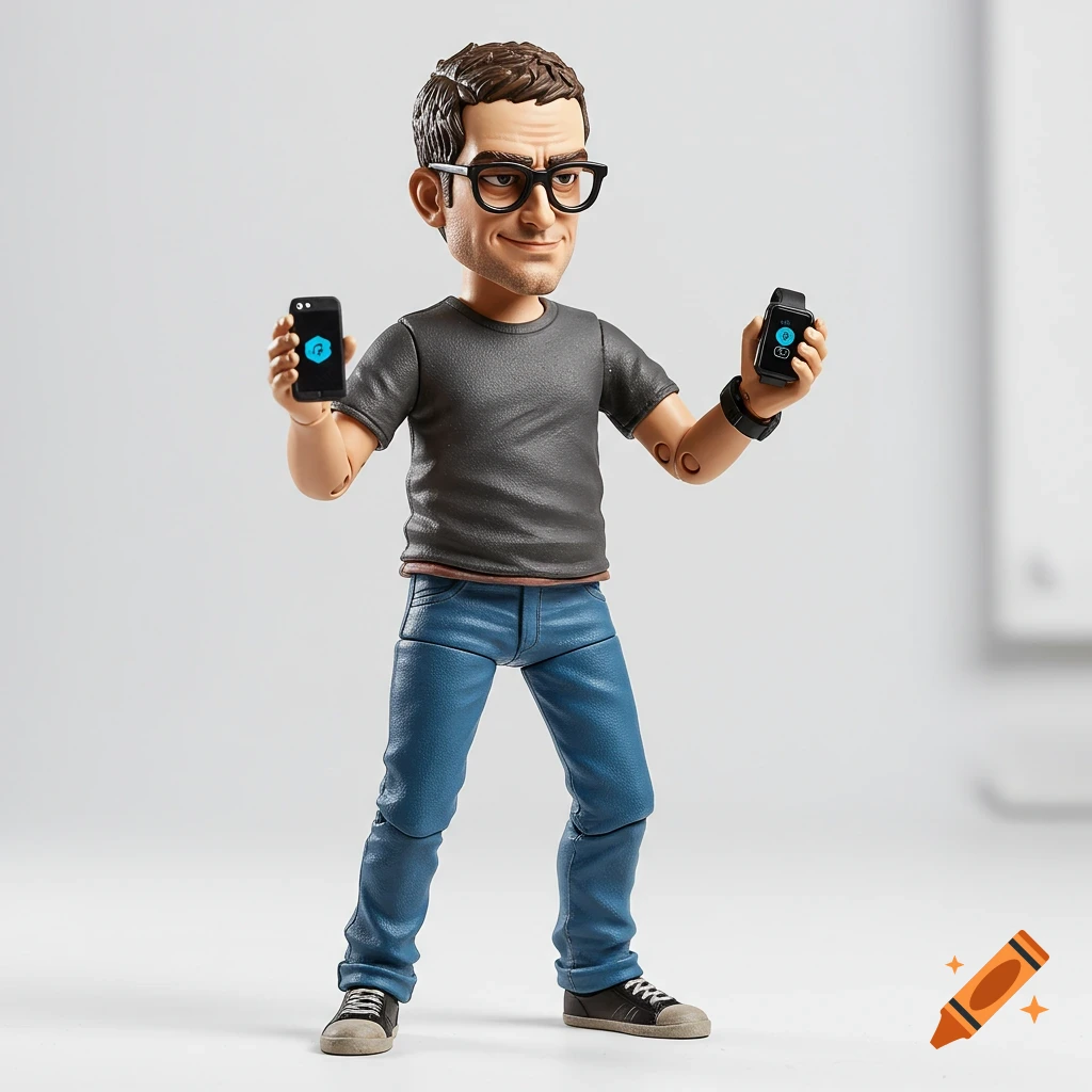 Action figure of a man holding a phone and smartwatch
