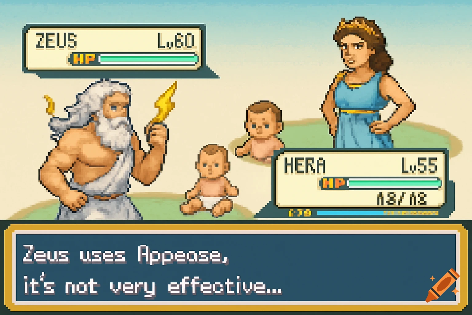 Pixel art Pokemon-style battle scene with Zeus vs Hera and baby Heracles, showing game UI and text.