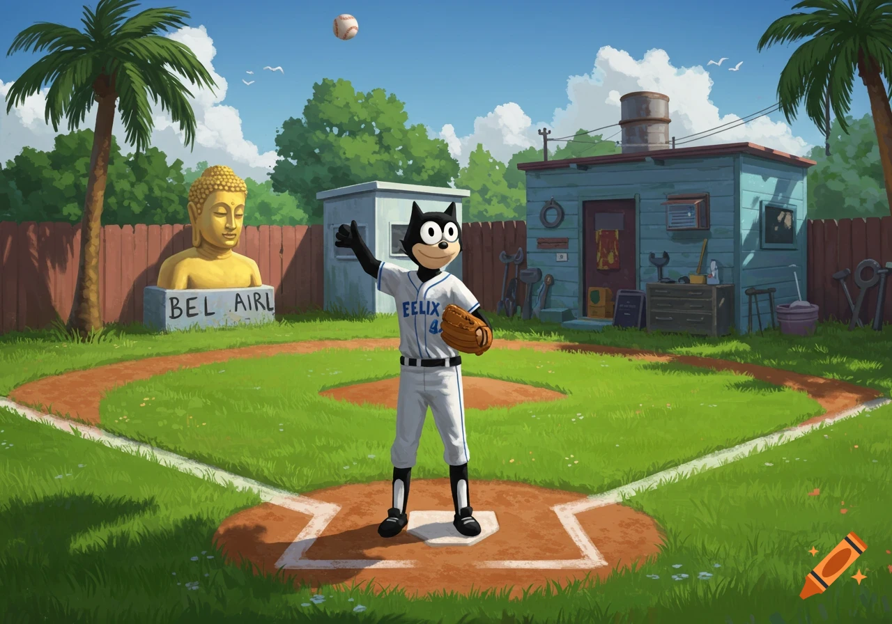 Felix the Cat pitches a baseball in a backyard field with a Buddha statue and shed.
