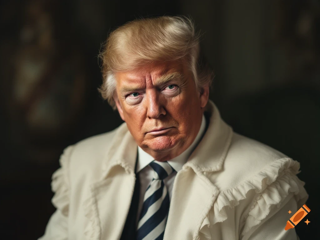 Portrait of a man resembling Donald Trump in a ruffled white jacket and tie looking serious.