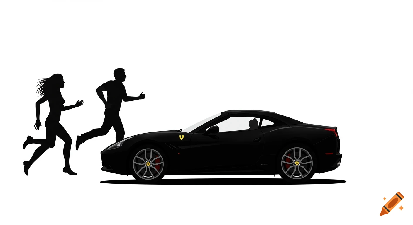Silhouettes of a man and woman running alongside a black Ferrari sports car on a white background.