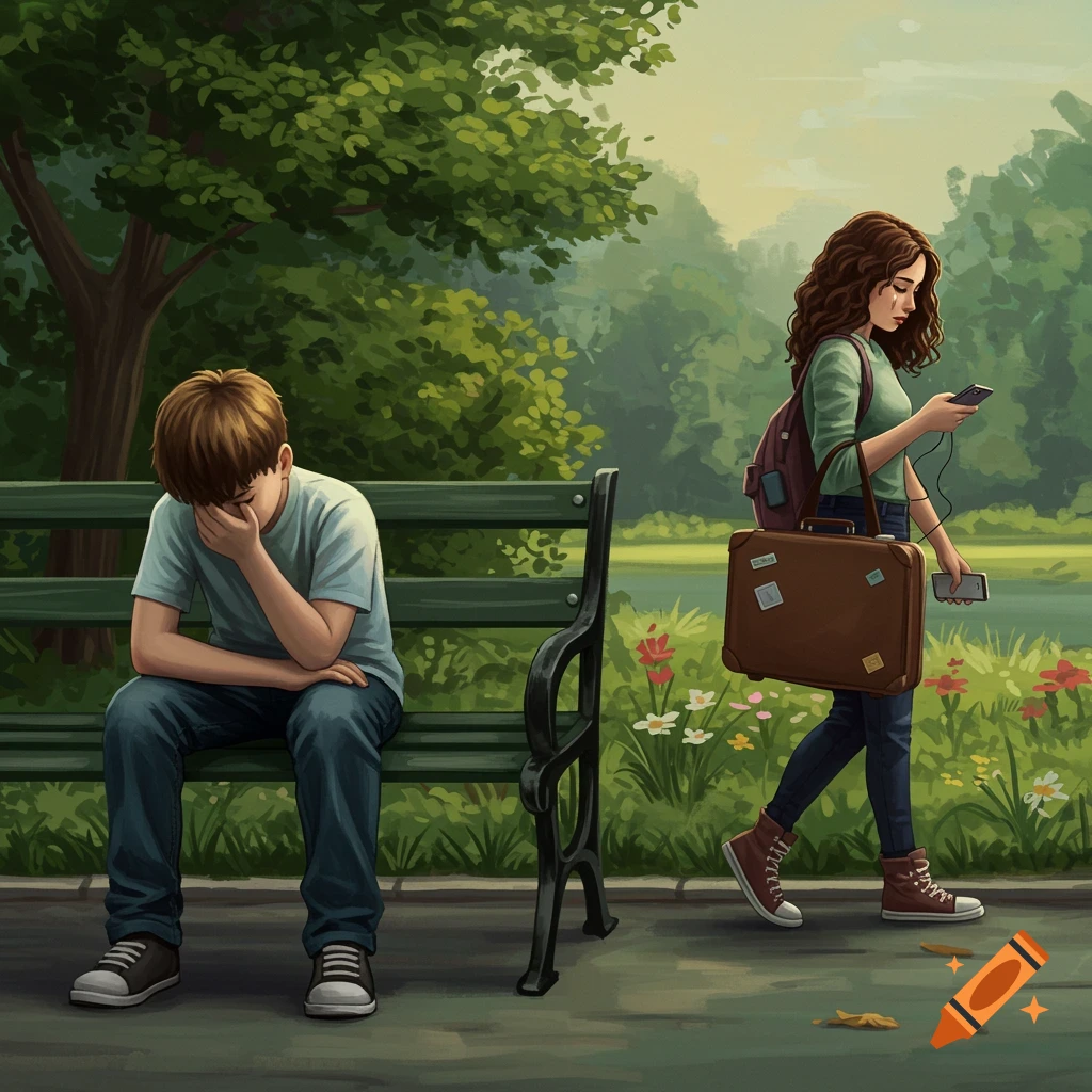 A boy sits sadly on a park bench as a girl with a suitcase walks away. Painted style.