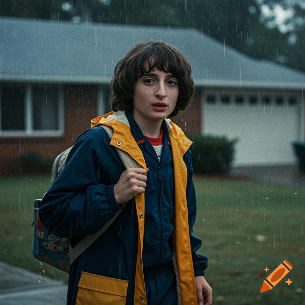 Boy with backpack walking in the rain