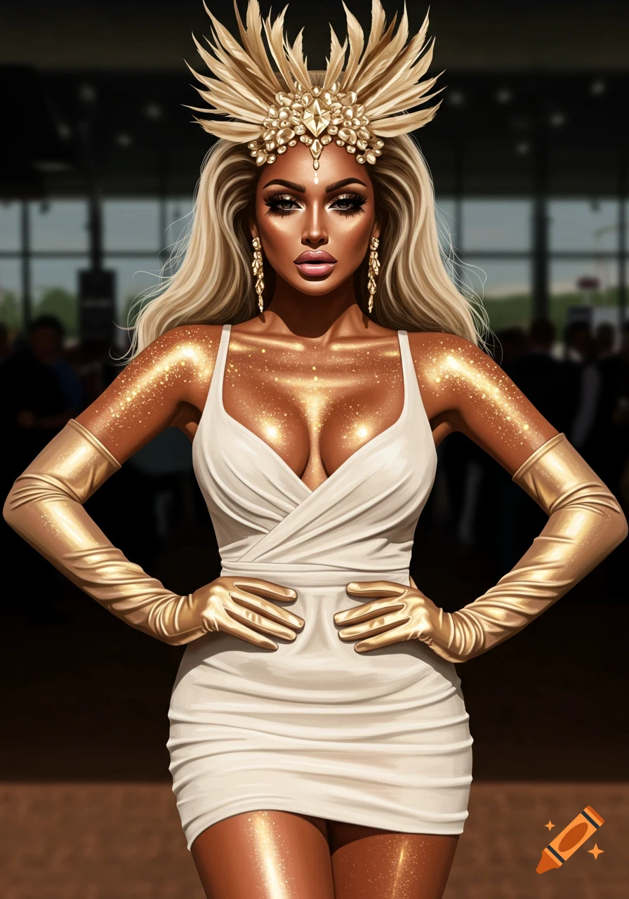 Stylized portrait of a glamorous woman in a white dress, golden gloves, and feather headpiece, covered in golden glitter.
