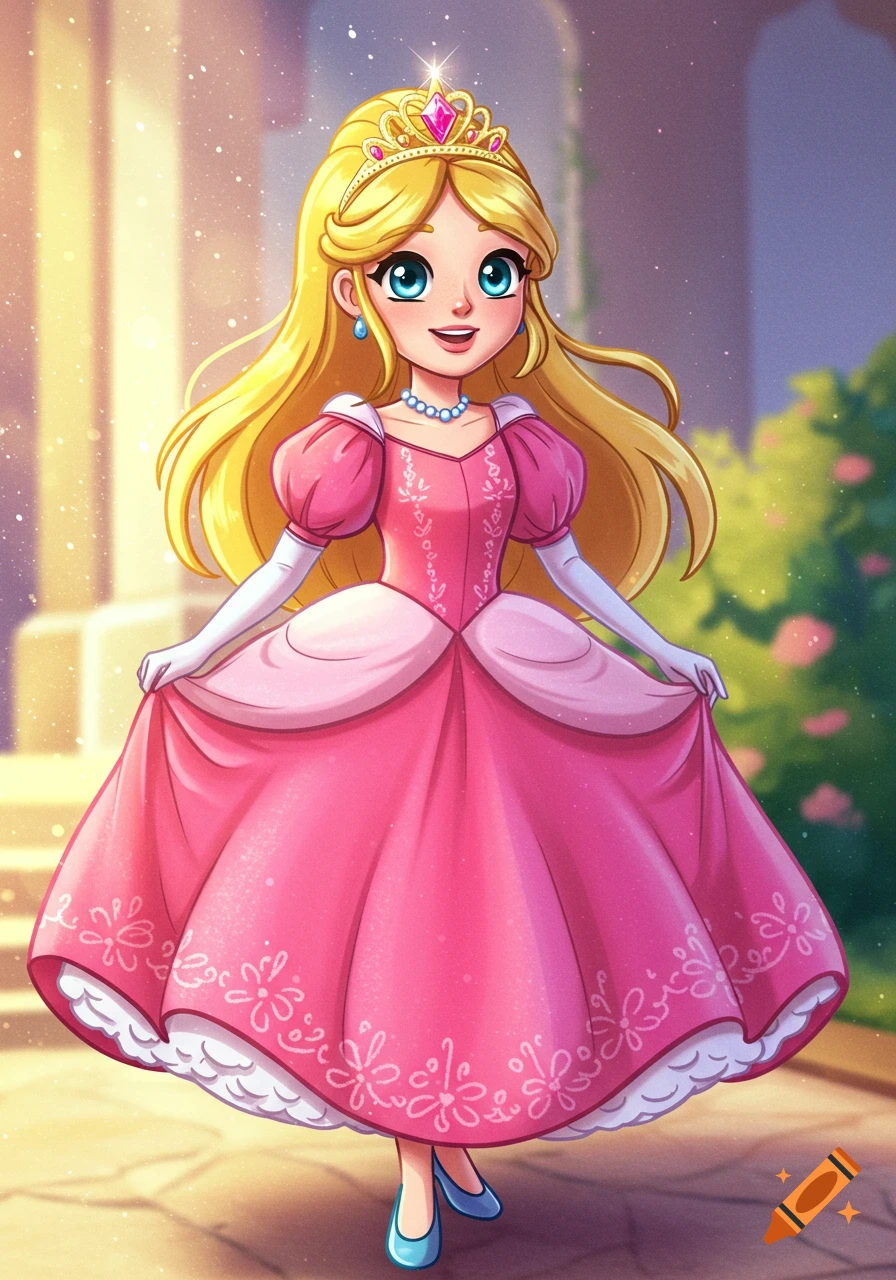 A cartoon princess in a pink dress and blue shoes stands in a sunny royal  setting. on Craiyon