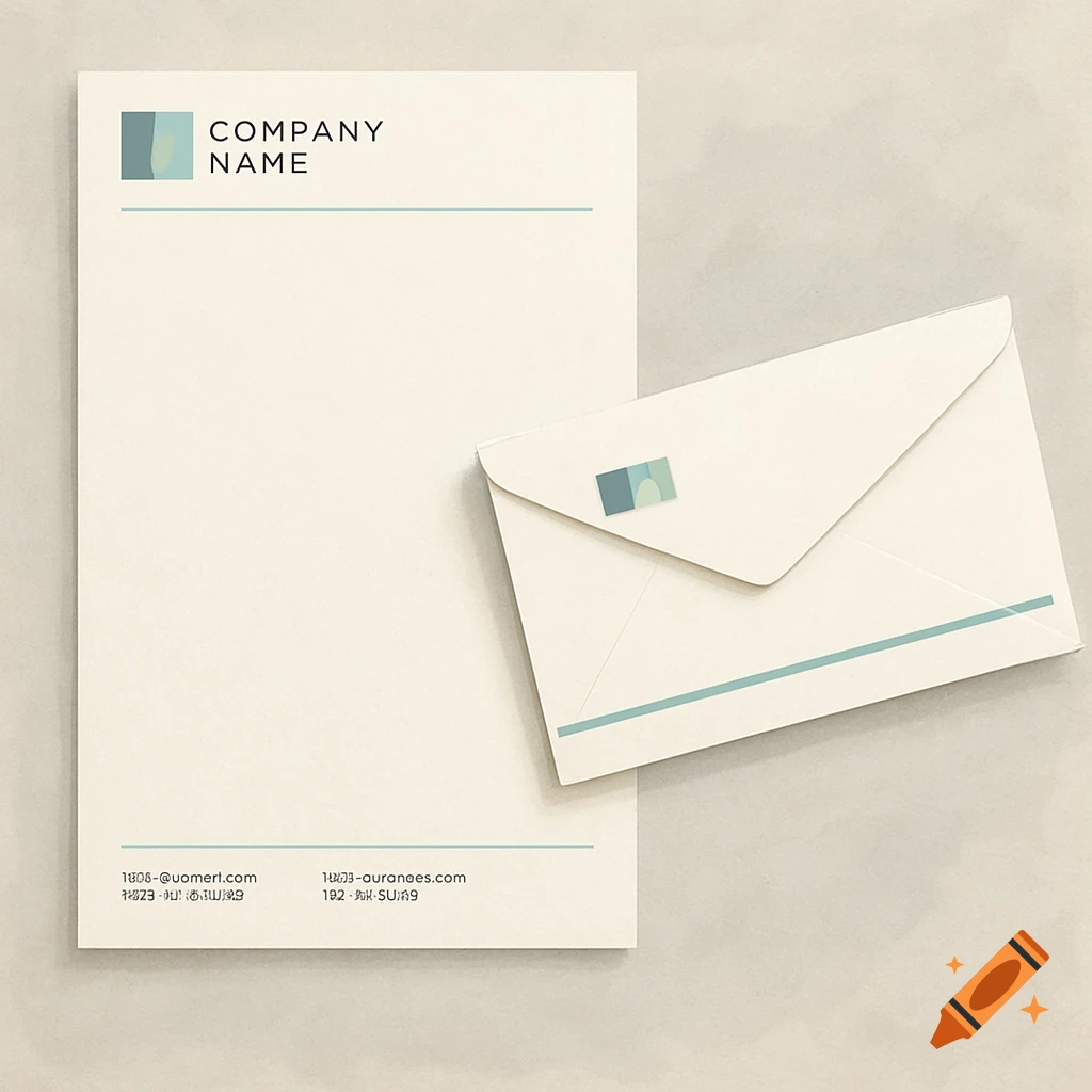 Mockup of a letterhead and envelope with a simple design.