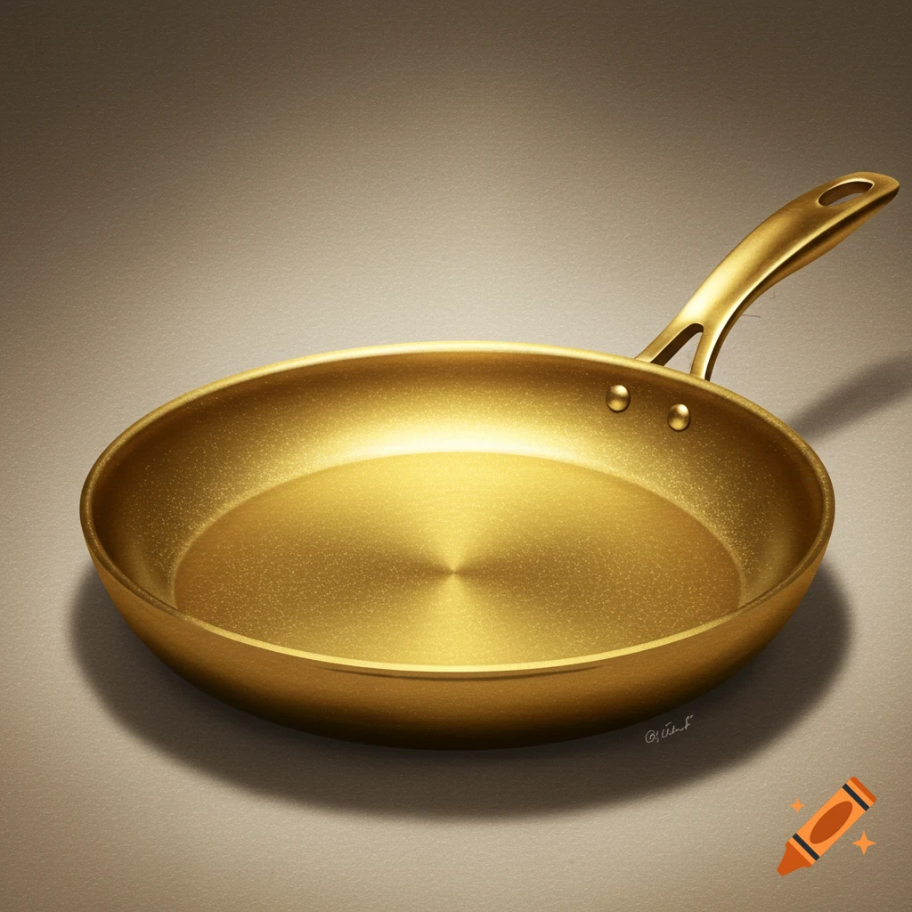 A golden frying pan on a surface.