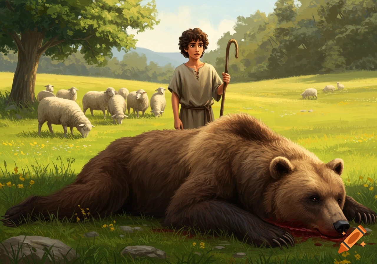 A young boy with a staff stands over a dead bear in a field with sheep behind him.