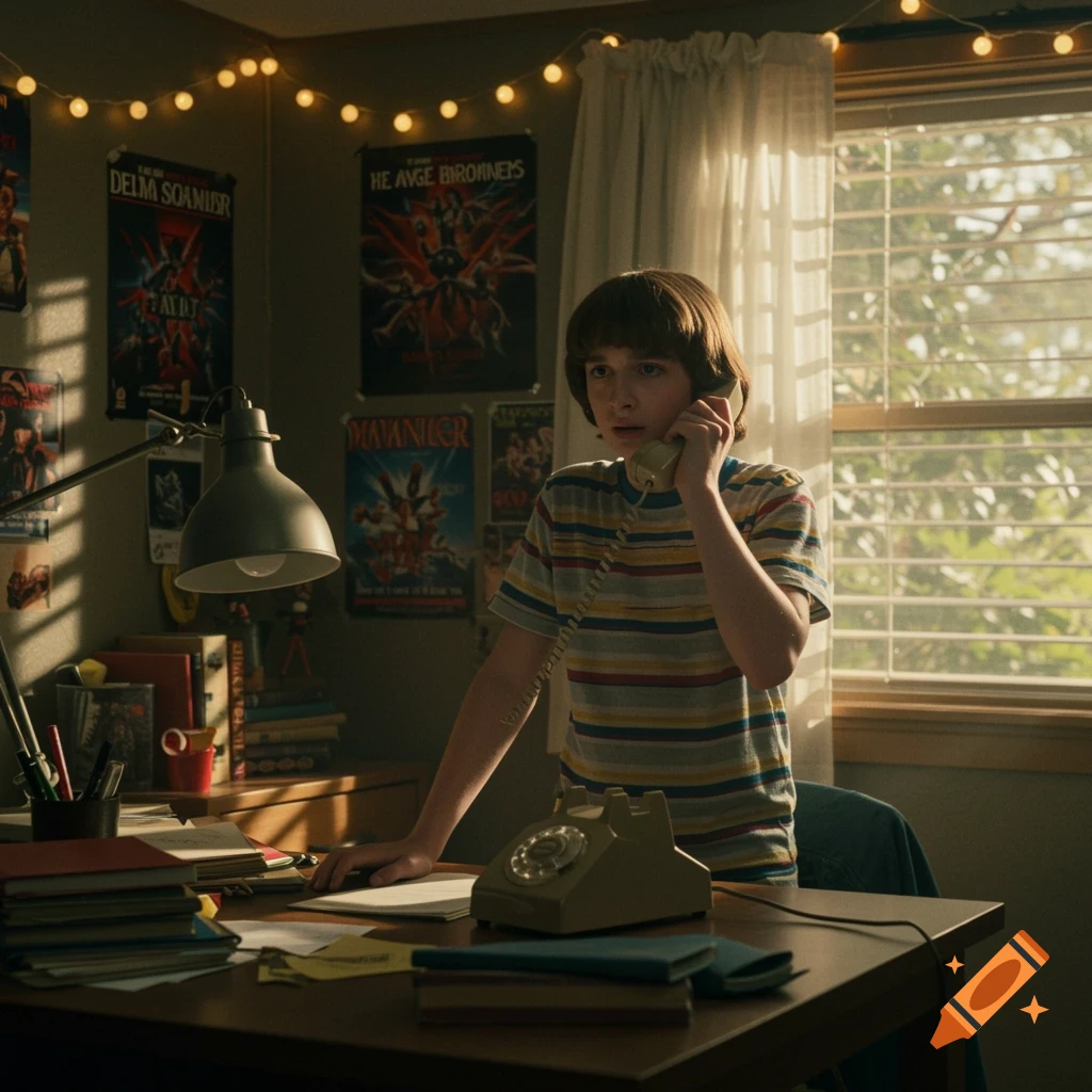 Will Byers stands at a desk talking on a rotary phone in a room with posters and lights