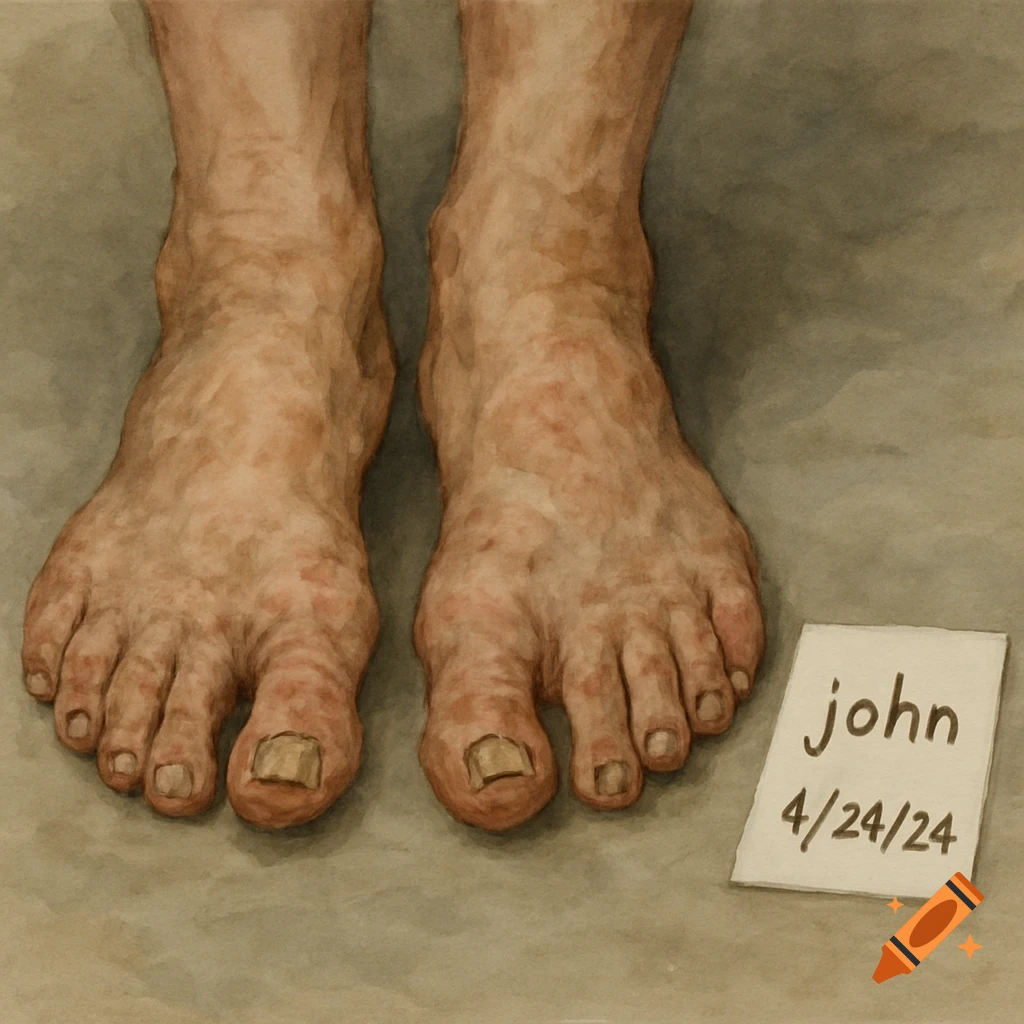 A pair of painted human feet next to a piece of paper with the text 'john 4/24/24'.
