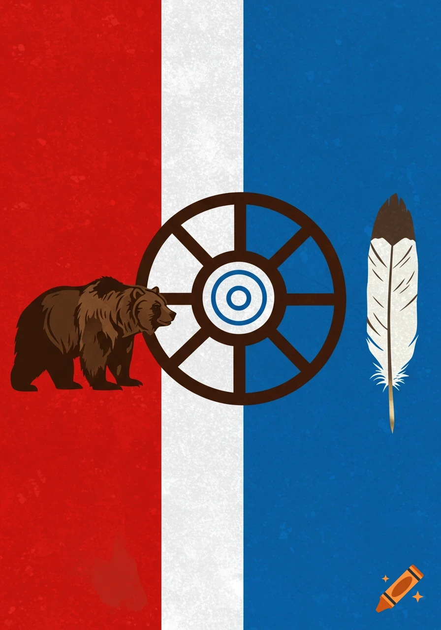 Flag with red, white, blue vertical stripes featuring a bear, medicine wheel, and feather.
