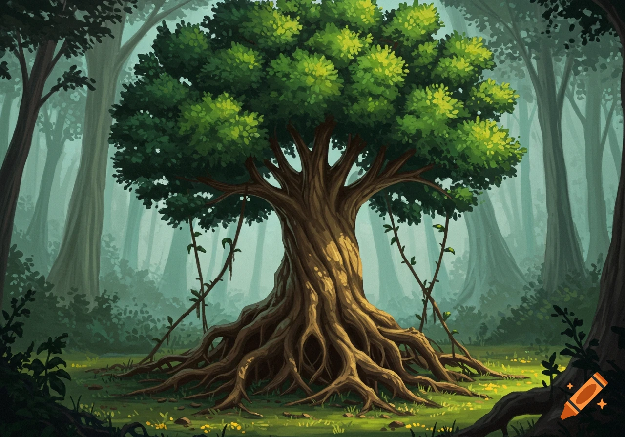 A large, gnarled tree with exposed roots stands in a misty forest clearing, fantasy art style.