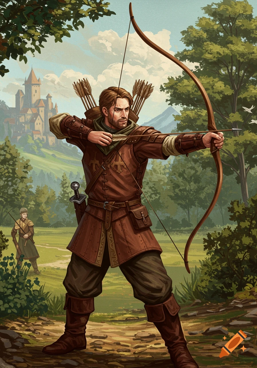 An illustrative image of a medieval archer drawing his bow in a field with a castle in the background.