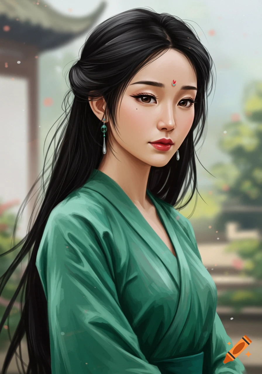 Digital painting of a woman in a green traditional robe standing in a ...