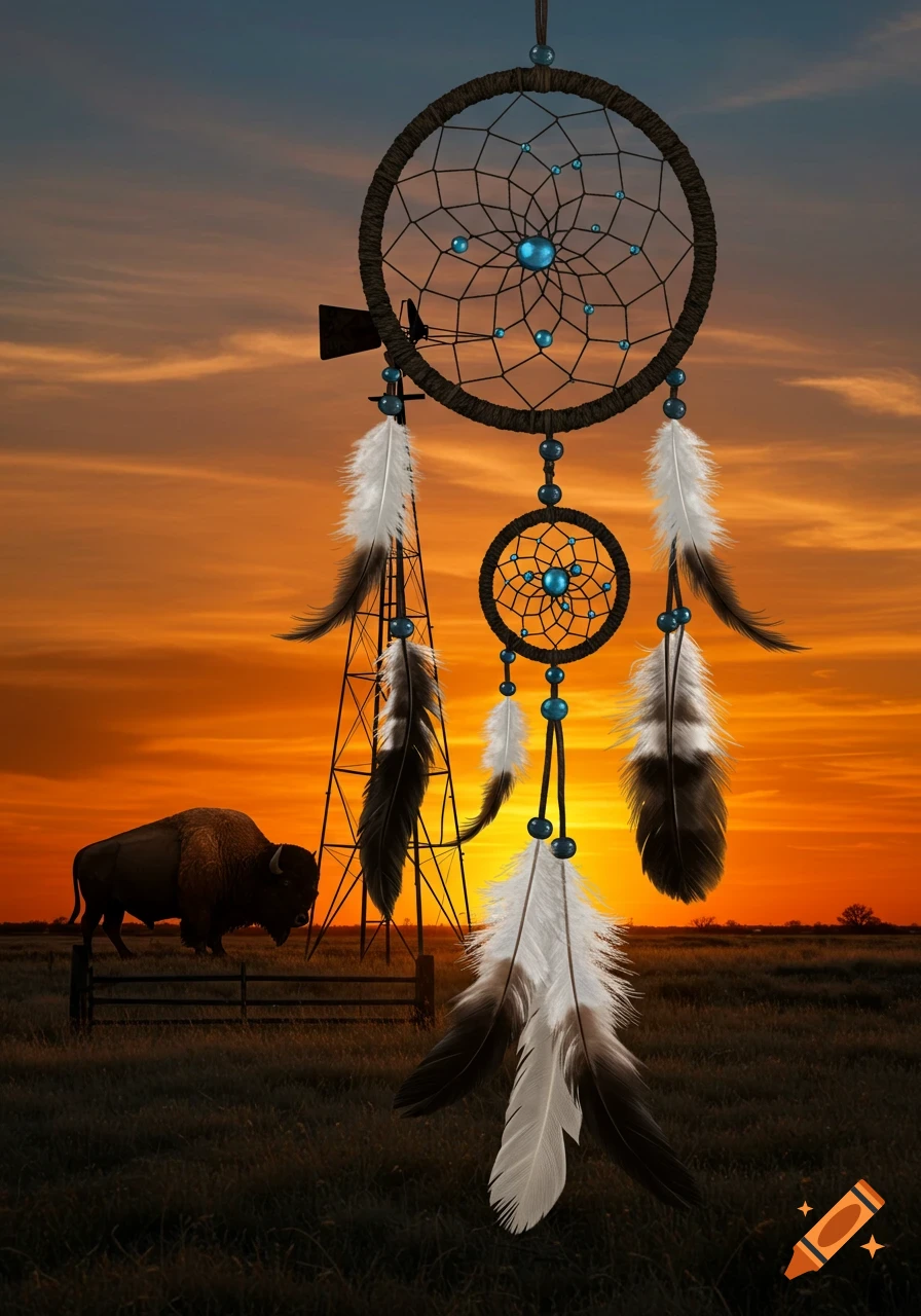 Dream catcher with feathers and beads in front of a sunset landscape with a bison and windmill.