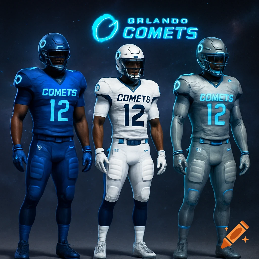Three football players in futuristic blue, white, and silver Orlando Comets uniforms with the number 12.