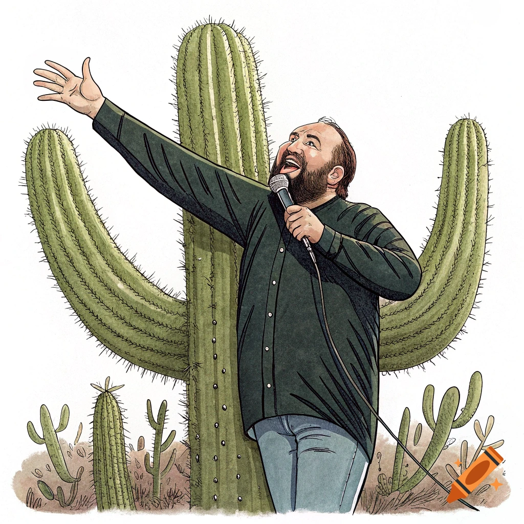 Illustration of a man with a microphone performing among saguaro cacti in a desert setting.