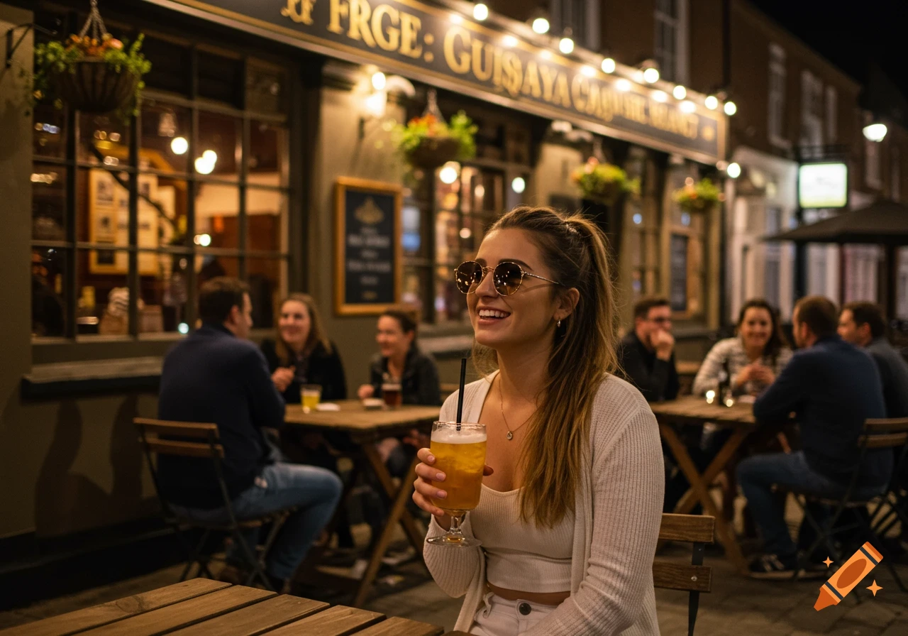 A woman with a drink smiles while sitting outside a pub at night with friends. Photorealistic.
