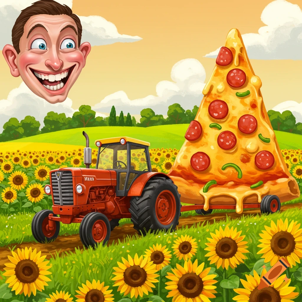 A cartoon face floats above a tractor pulling a giant pizza slice through a sunny sunflower field.