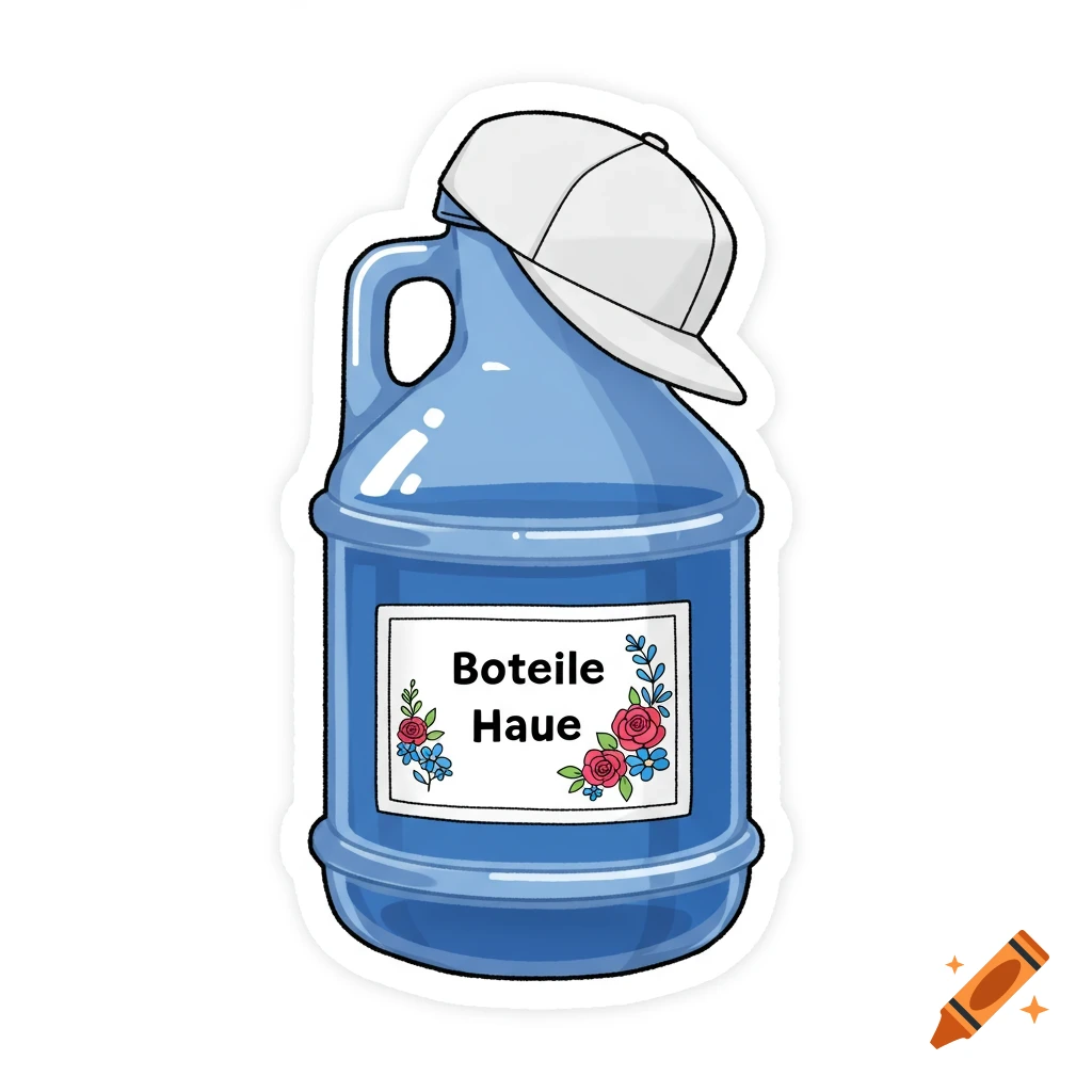 Cartoon blue water bottle wearing a white baseball cap with a decorative label