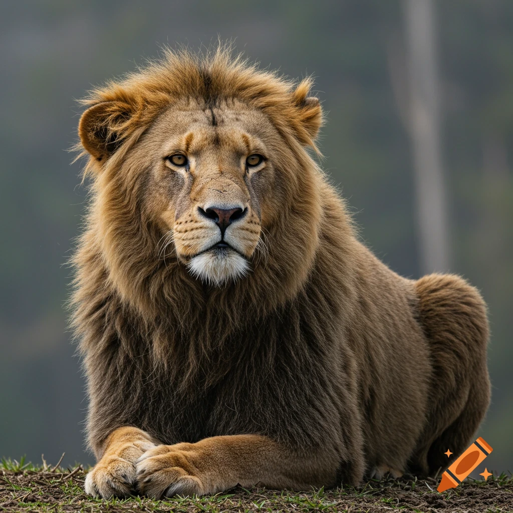 A majestic lion lies down looking directly at the viewer, with its paws crossed.
