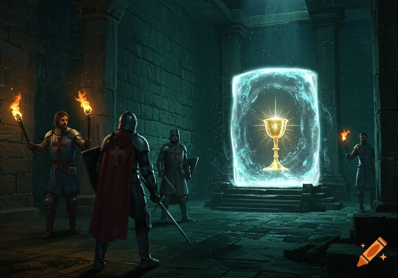Knights in a dungeon approach a glowing holy grail inside a protective shield.