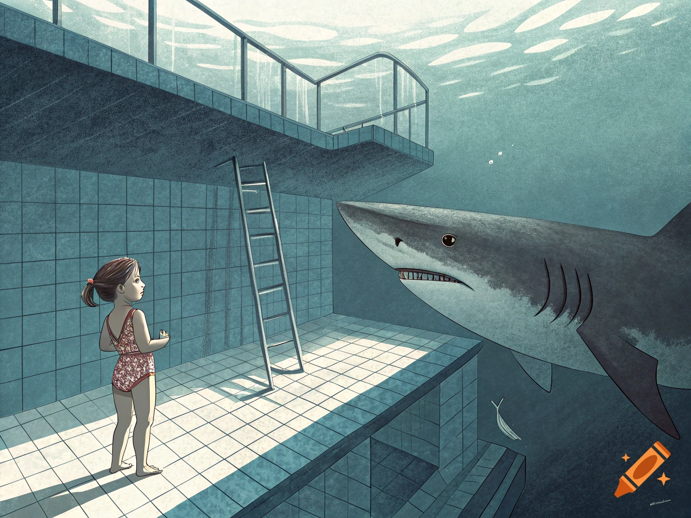 Illustration of a young girl in a swimsuit looking at a large shark in an empty swimming pool.