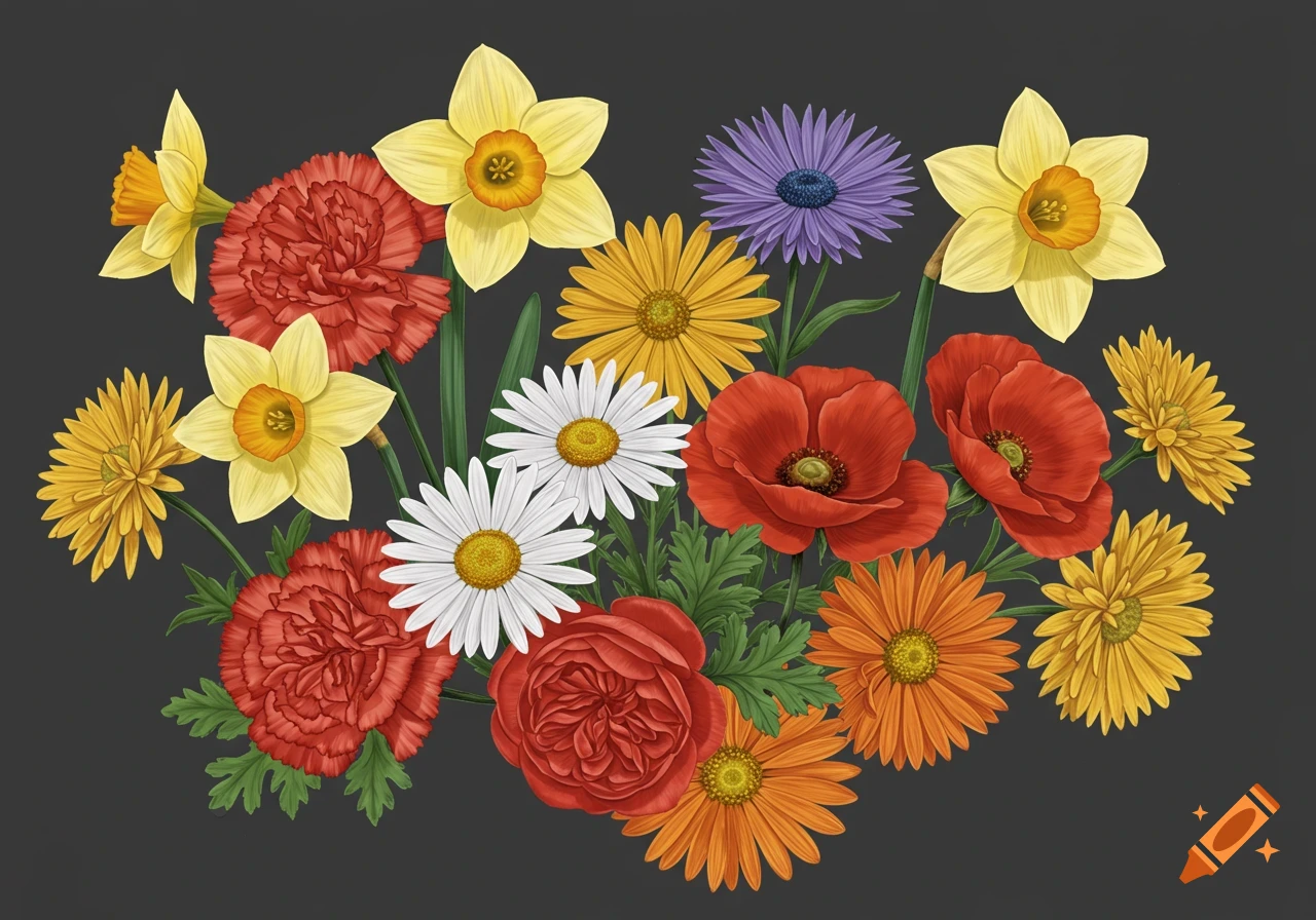 An illustration of a bouquet of various colorful flowers against a dark background.