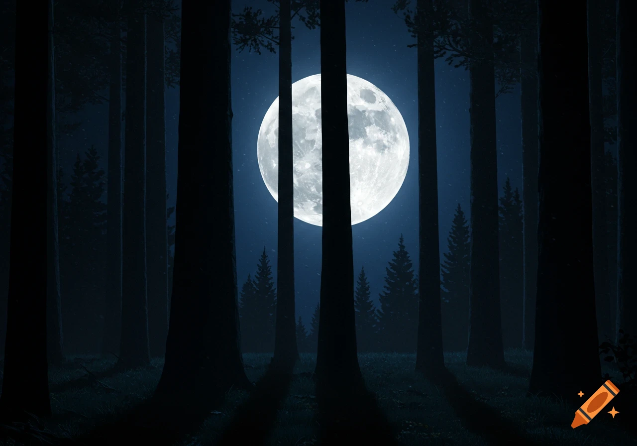 A full moon shines through silhouetted trees in a dark forest.
