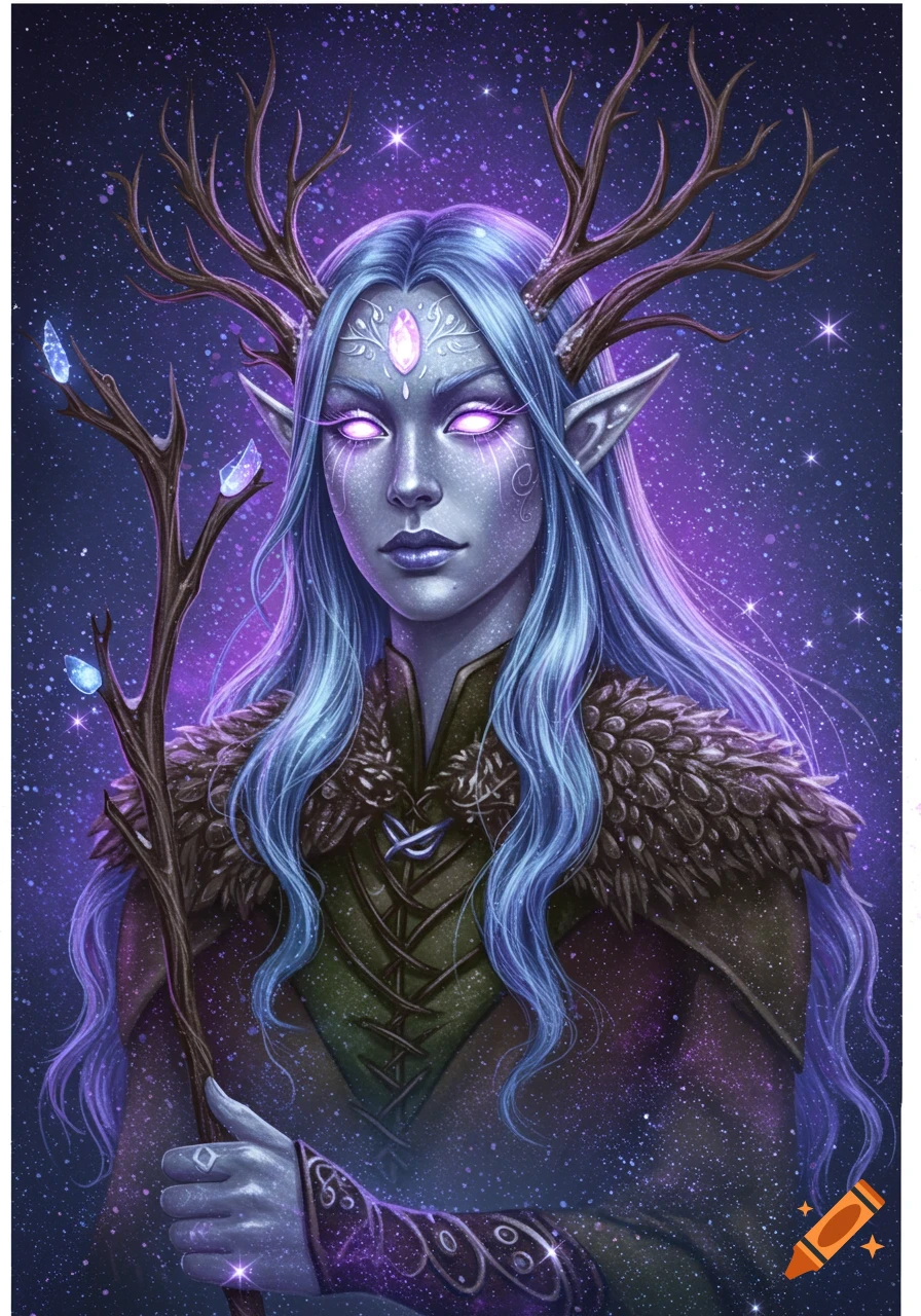 A portrait of a fantasy character with blue skin, glowing eyes, antlers, and long blue hair against a starry sky.