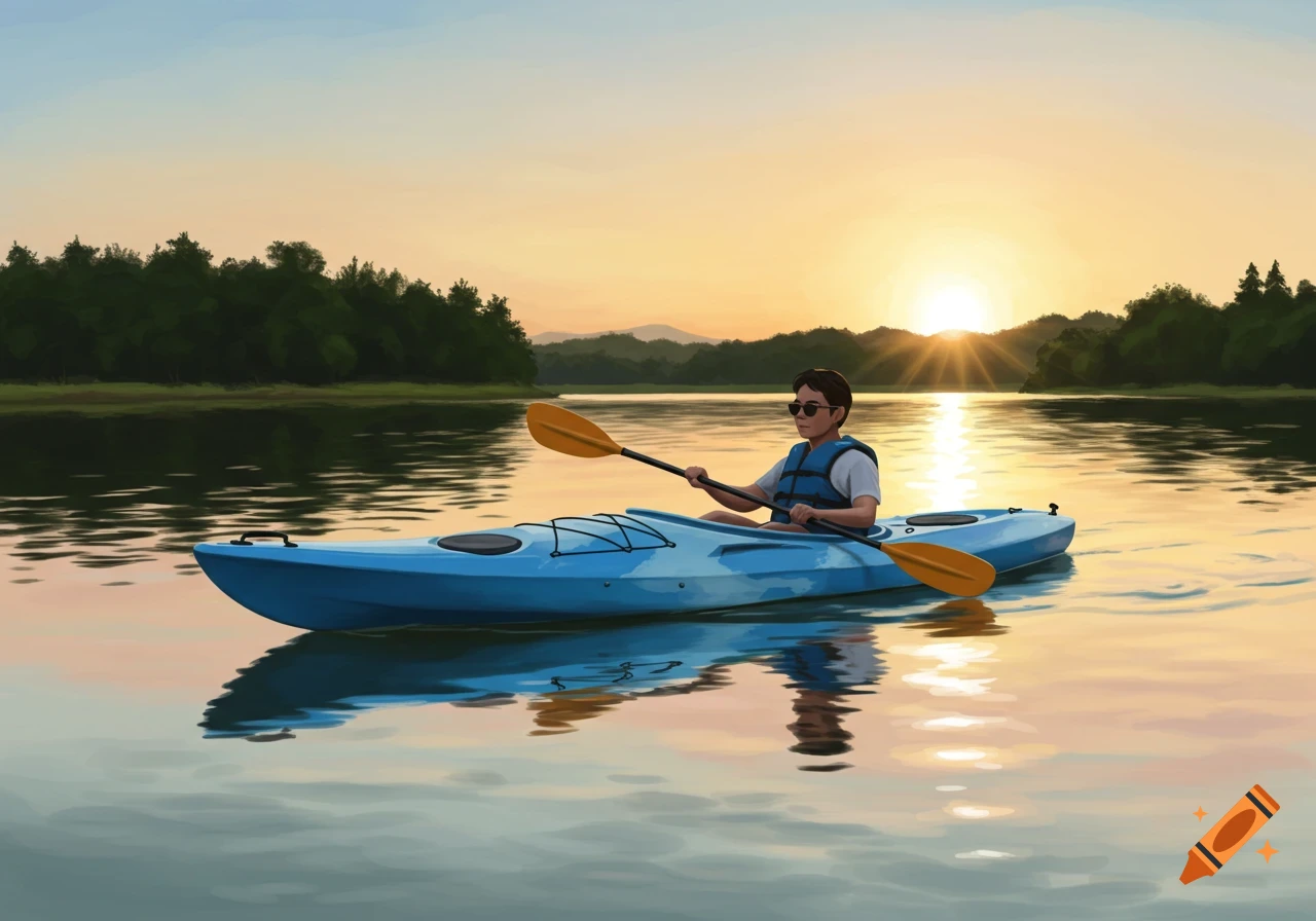 Person kayaking on a lake at sunset, painted style.