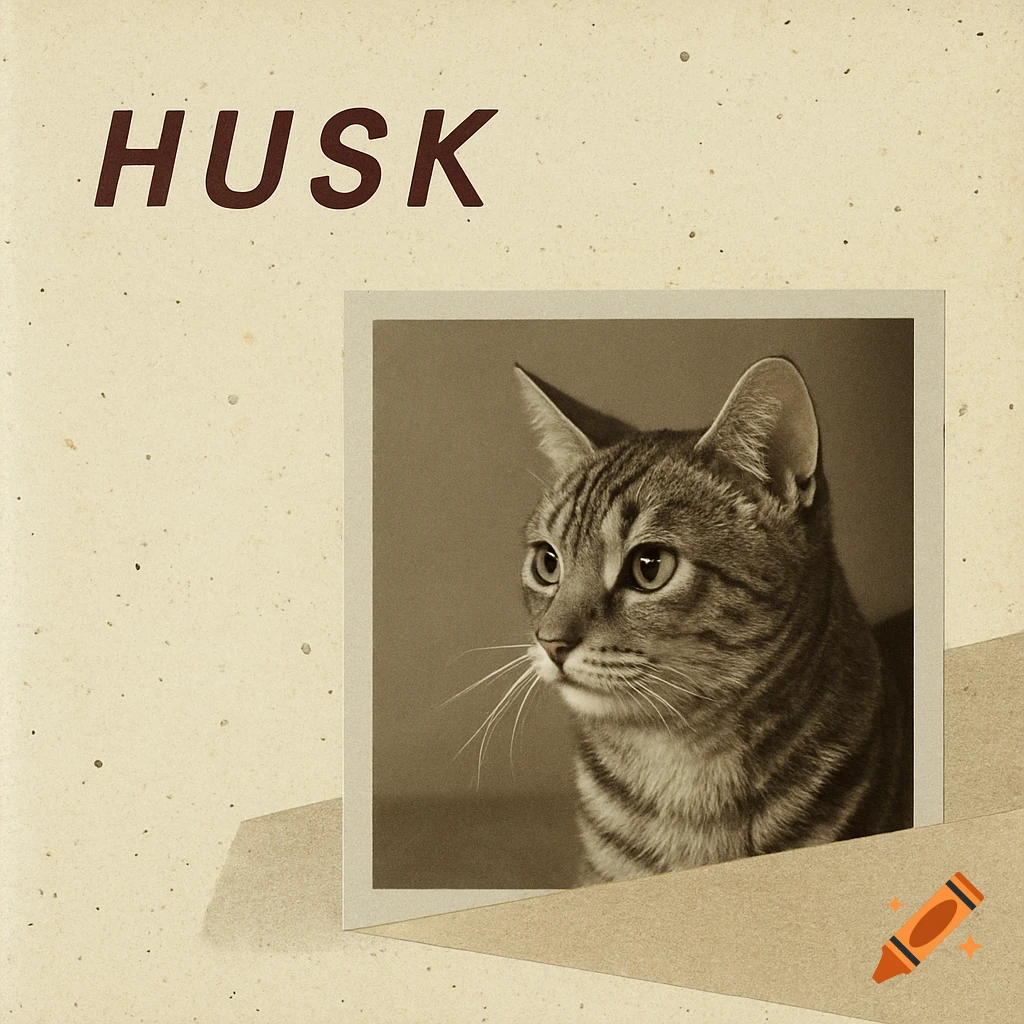 Vintage-style image with "HUSK" text and a framed photo of a tabby cat looking left.
