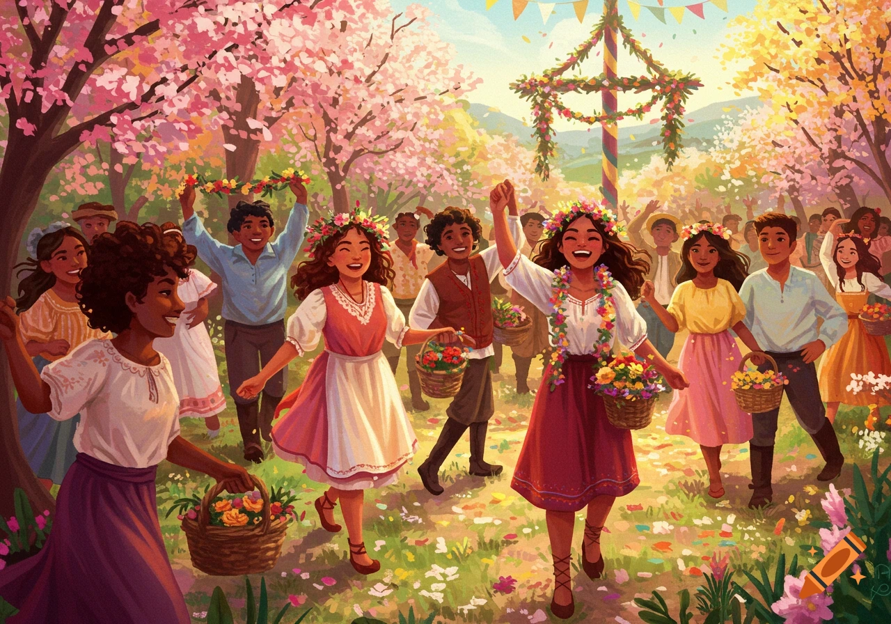 People dance around a maypole in a vibrant spring celebration with flowers and cherry blossom trees