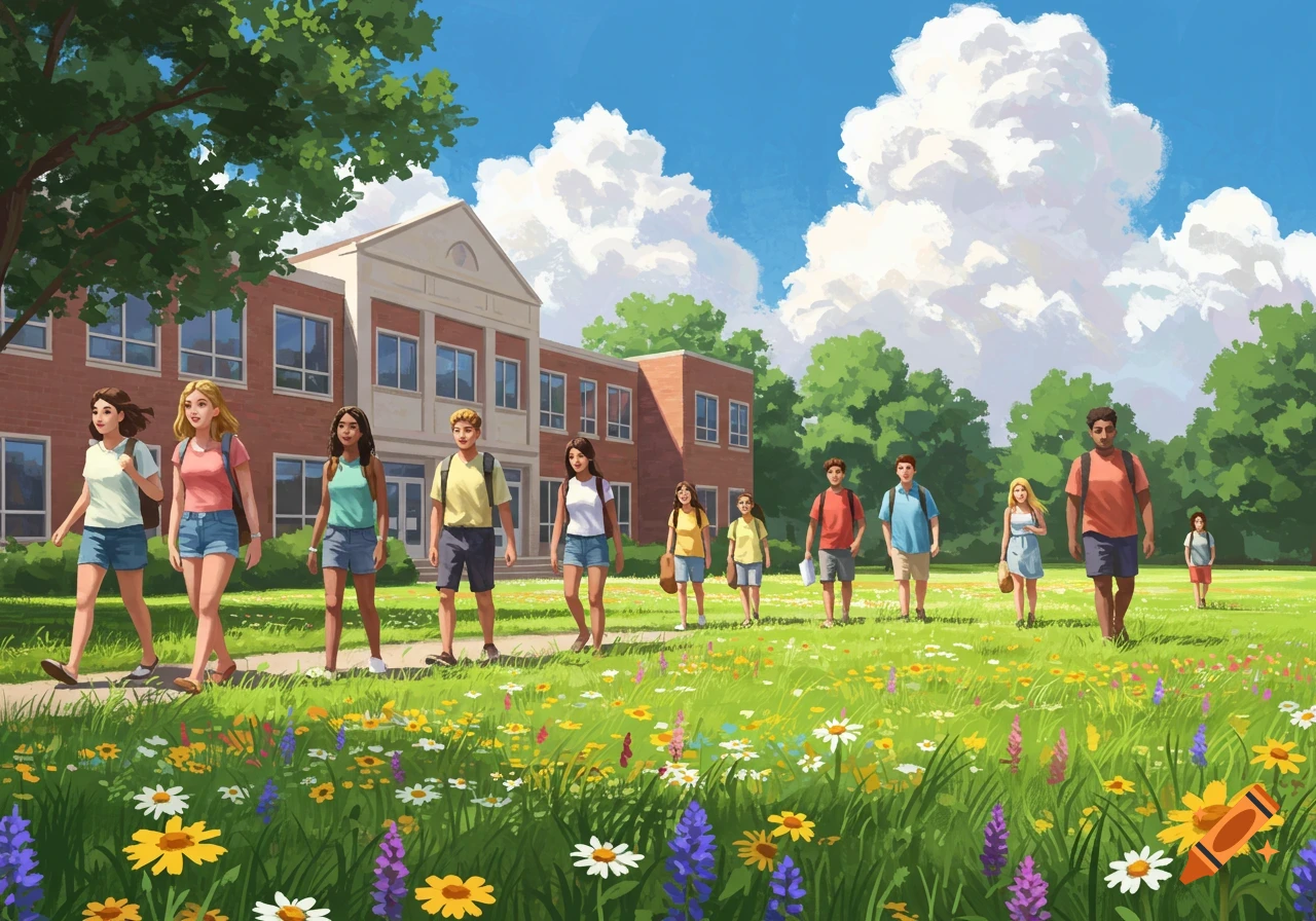 Illustration of diverse students walking through a field of flowers ...