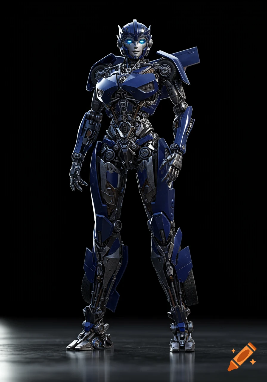 Detailed full body photograph of a blue female robot standing
