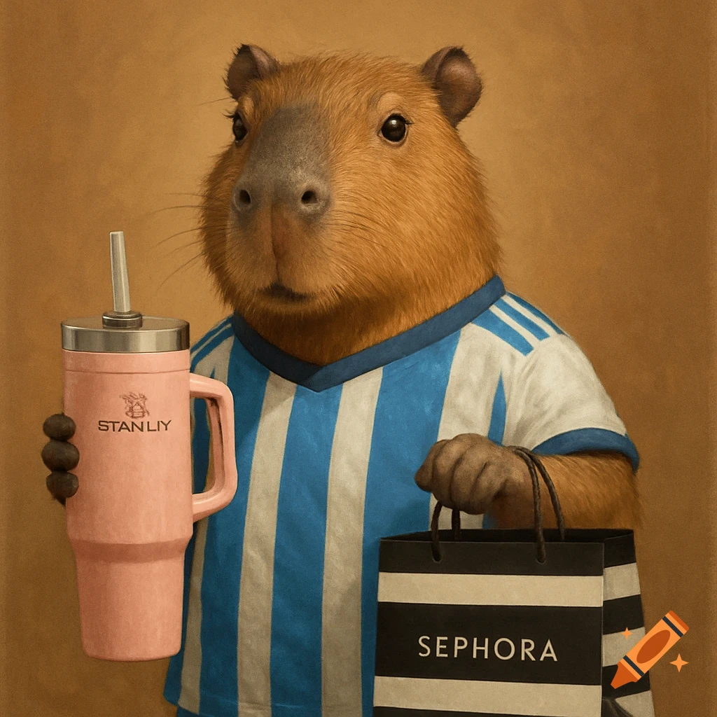 A capybara in a blue and white soccer jersey holding a pink Stanley cup and a Sephora bag.