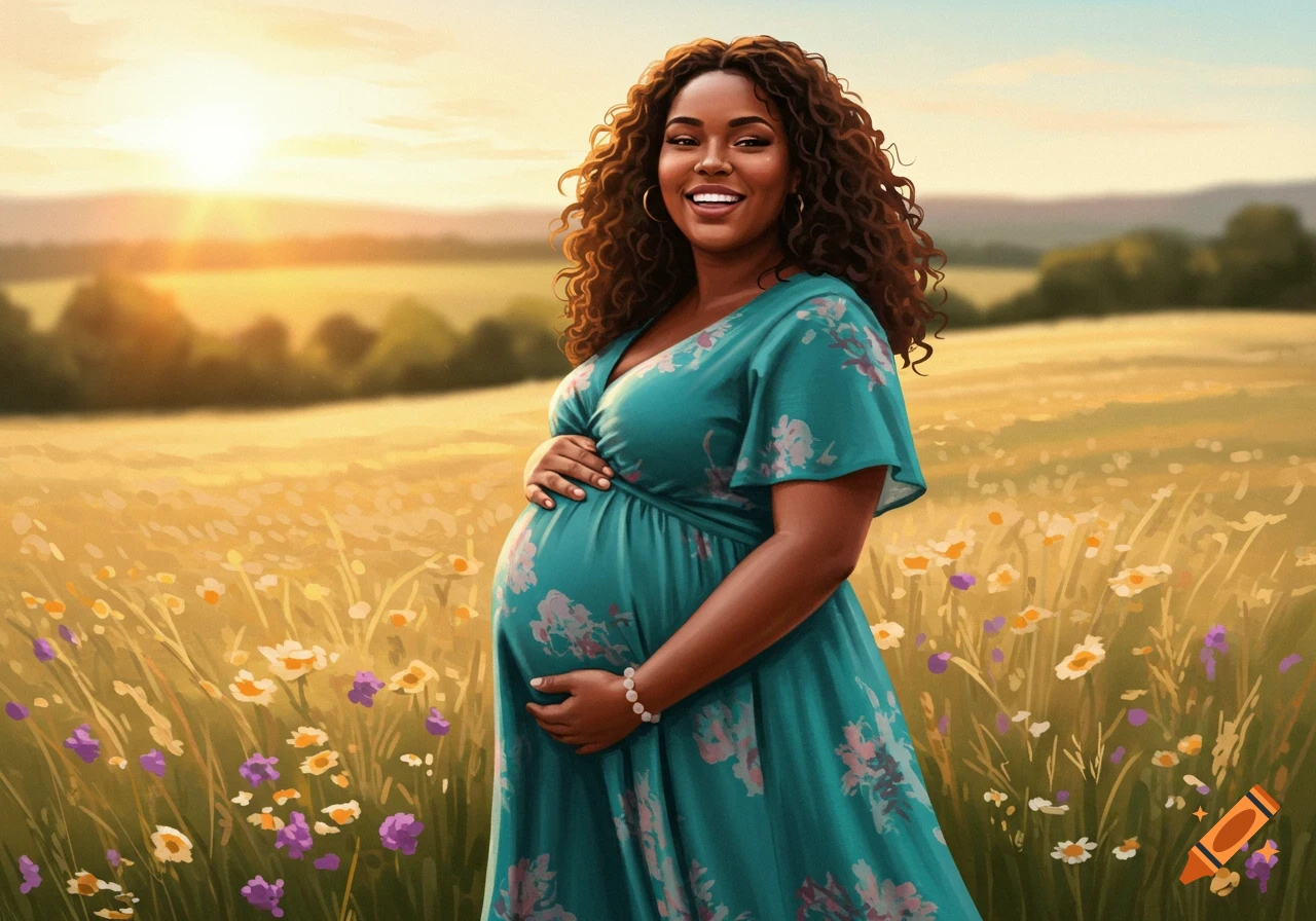 A pregnant Black woman smiles and holds her belly while standing in a sunny field of wildflowers.