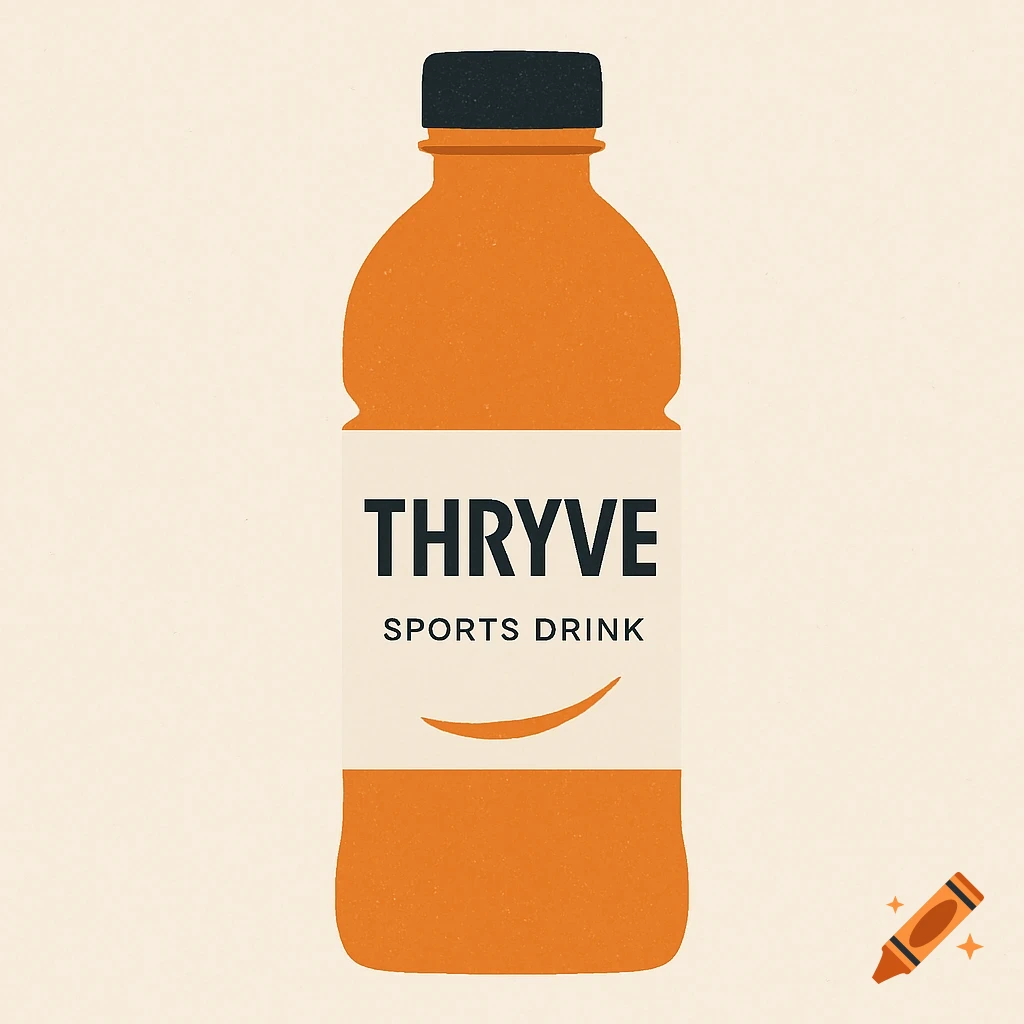 A minimalistic illustration of an orange sports drink bottle with a label saying THRYVE SPORTS DRINK.