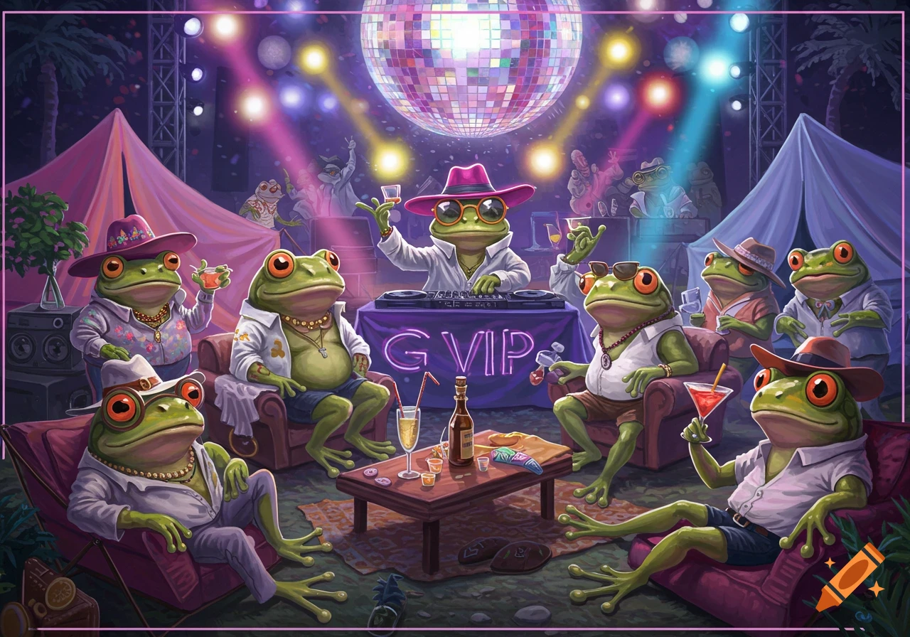 Anthropomorphic frogs party at a glamping music festival with a disco ball, tents, and a DJ booth.
