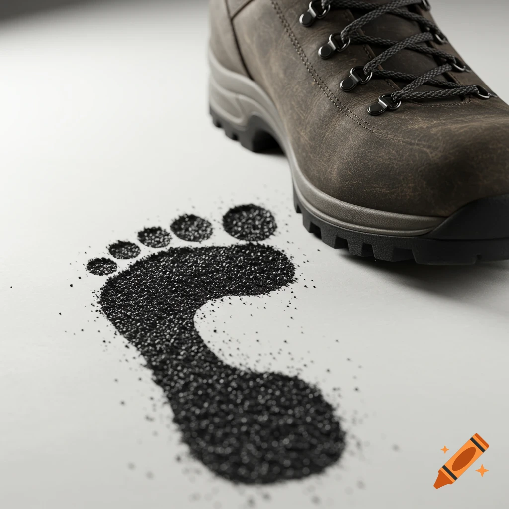 Hiking boot next to a footprint made of black granules
