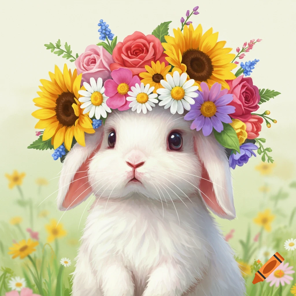 A white bunny wearing a large colorful flower crown of sunflowers, roses, daisies, and other wildflowers.