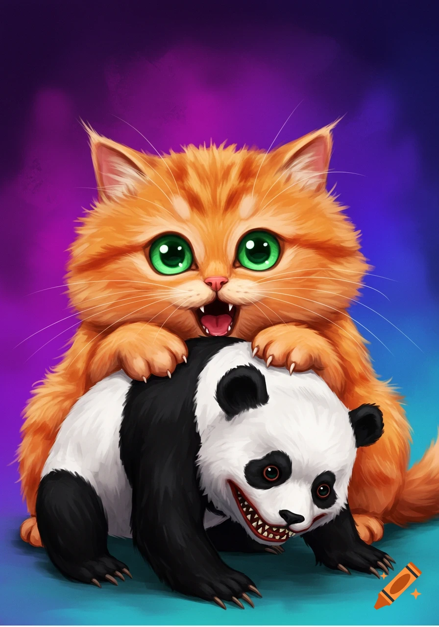 A cute orange cat holds onto a creepy panda with sharp teeth.