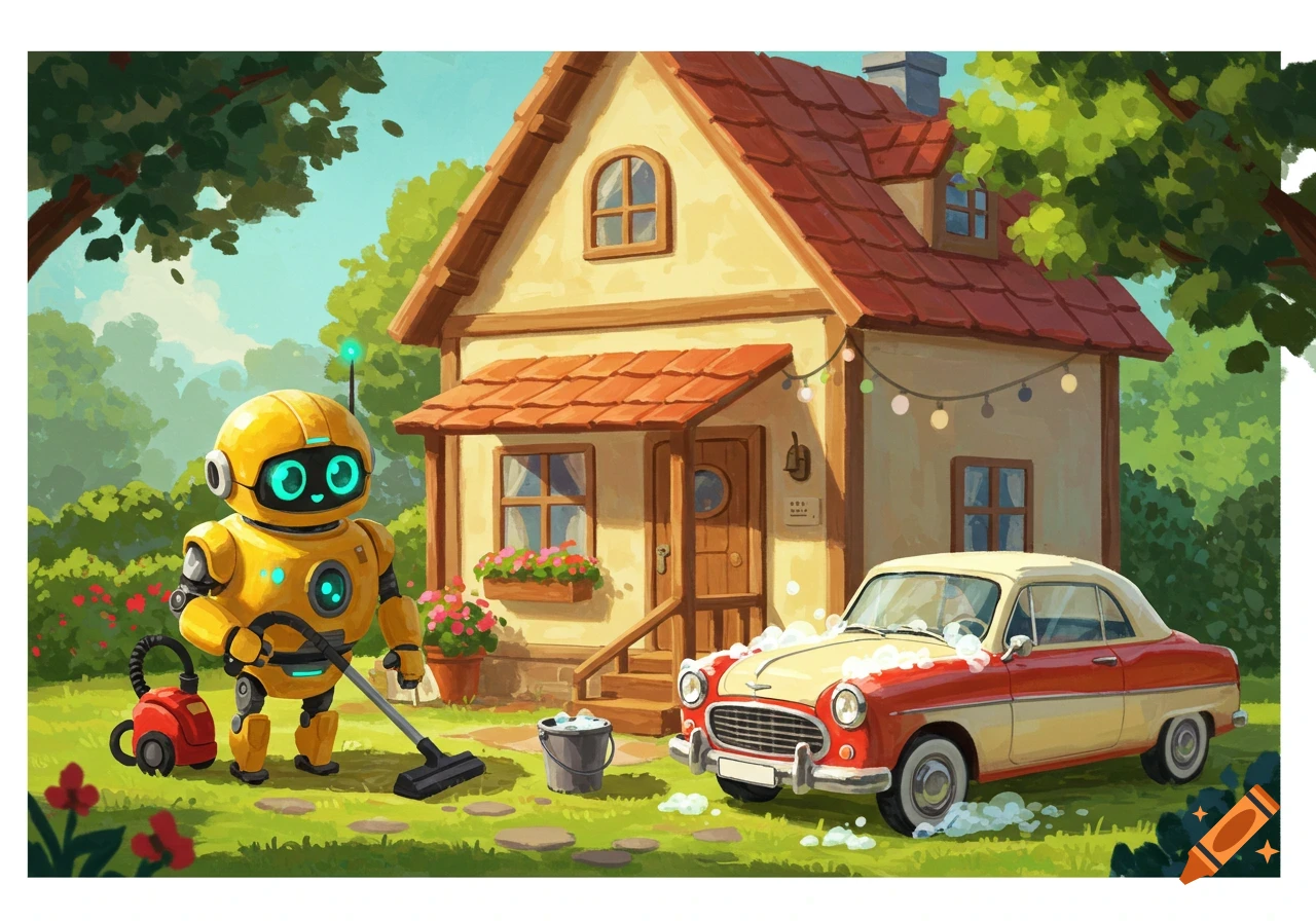 A cute yellow robot vacuums the lawn while a vintage car is washed in front of a charming house. Illustrated style.