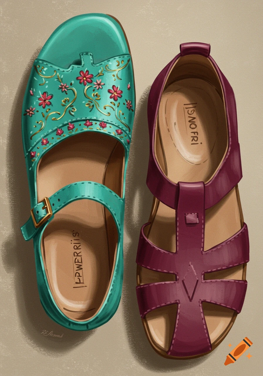 Illustrated view of unmatched teal and maroon sandals.
