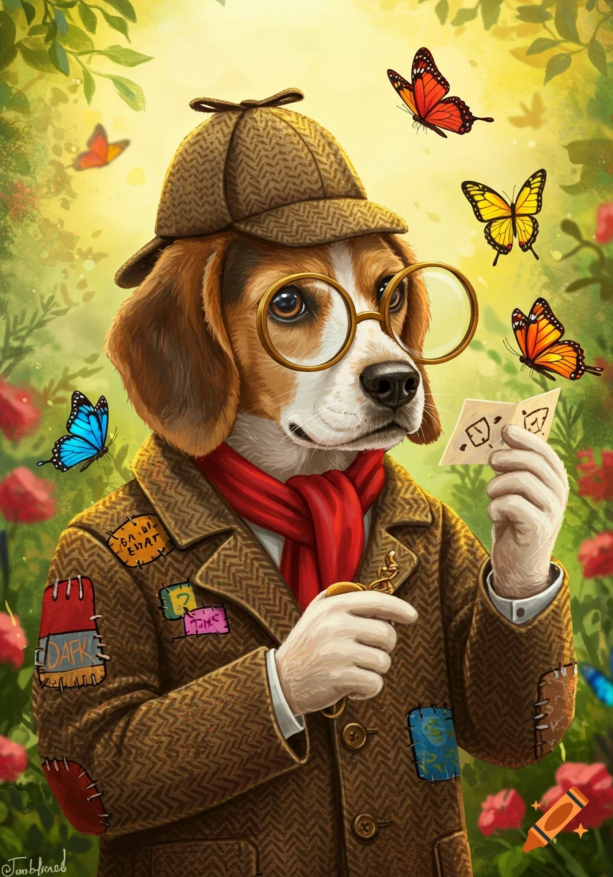 An illustrated beagle dog detective in a hat and coat holds paper while butterflies fly around him.